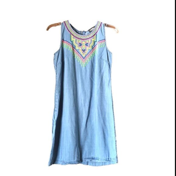 Neiman Marcus Native Embroidered Chambray Sleeveless Mini Dress - 4 - Picture 1 of 12
